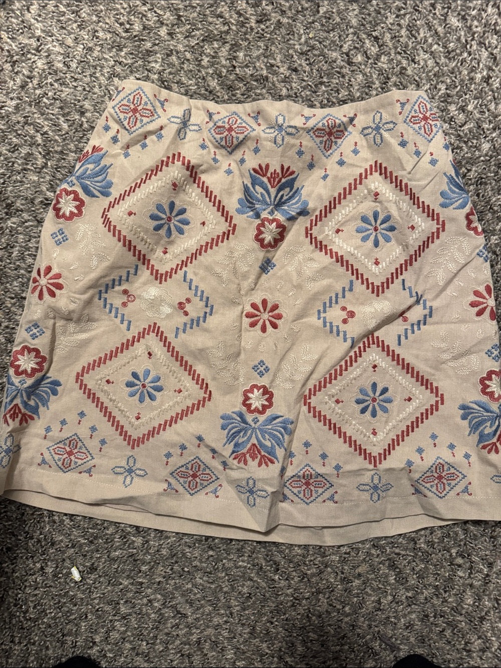 Embroidered Beige A-Line Skirt with Red & Blue Floral Motif